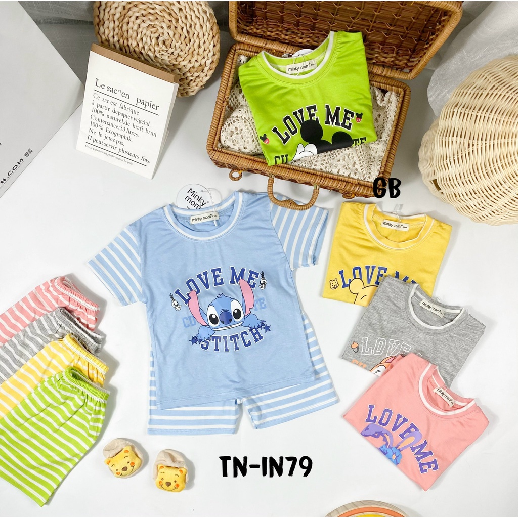 Bộ Ngắn Tay THUN LẠNH MINKYMOM Thân Áo Trơn In Hình Phối Quần Sọc Cho Bé TN-IN79