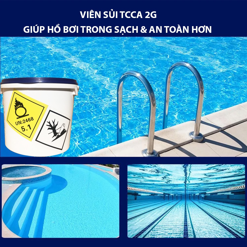 Chlorine viên 2g, xô 5kg TCCA viên sủi 2g - Xử lí nước hồ bơi, khử trùng sát khuẩn đa năng