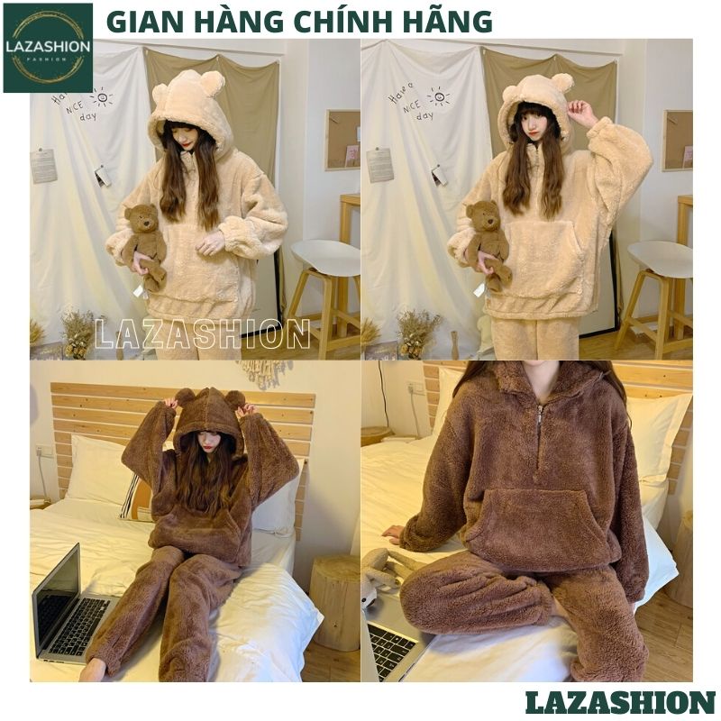 Bộ đồ mặc nhà lông gấu trơn 2 mầu nâu be ,bộ ngủ ấm áp vào mùa đông siêu cute dễ thương - LAZASHION