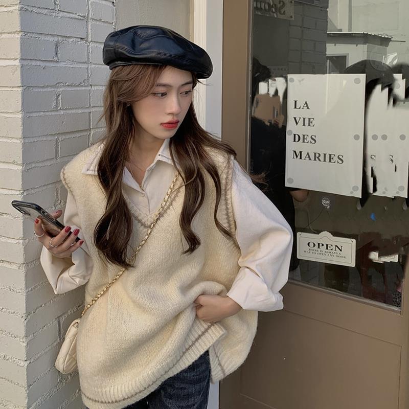 Set Áo Sơ Mi Dài Tay + Áo Khoác Không Tay Thời Trang Cho Nữ