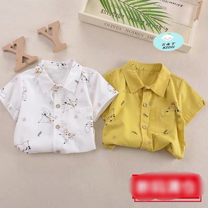 Áo sơmi cộc tay bé trai chất thô lụa hai màu trắng vàng