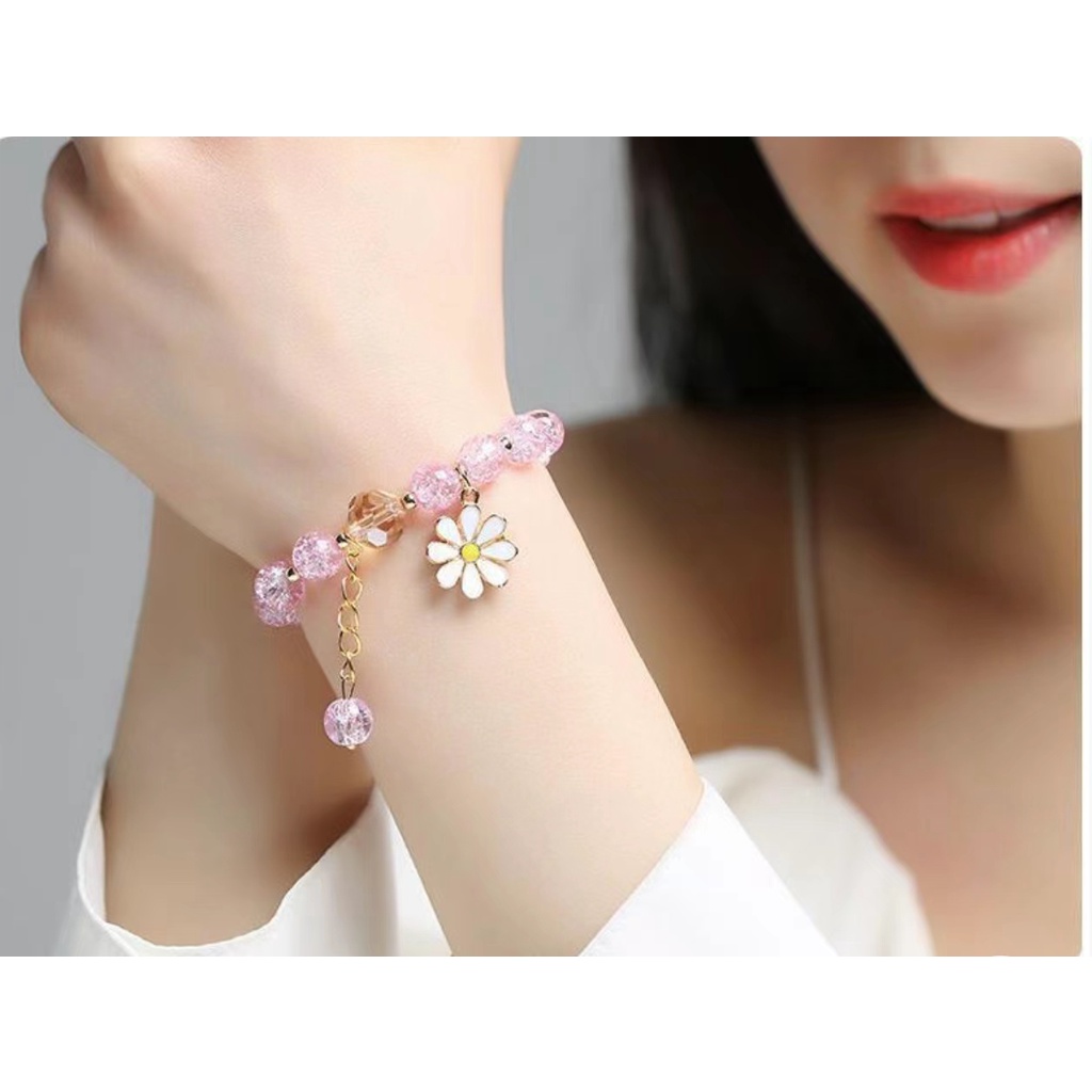 Vòng Đeo Tay Mặt Hoa Cúc Pha Lê Hồng Dành Cho Nữ