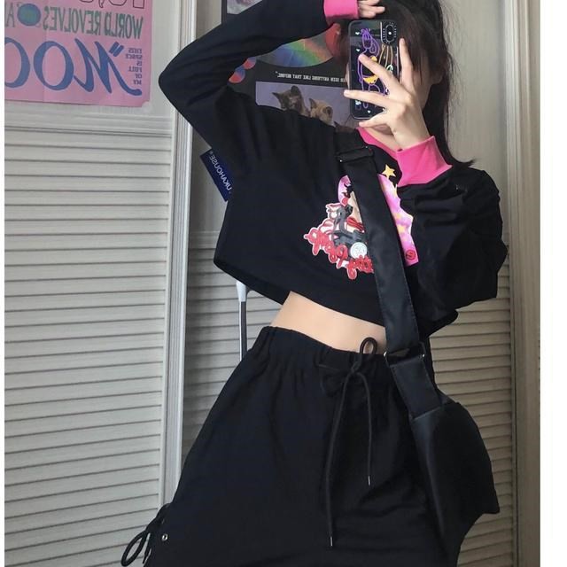 Set áo croptop dài tay quần ống rộng dây rút cực chất Hàn Quốc có ảnh thật