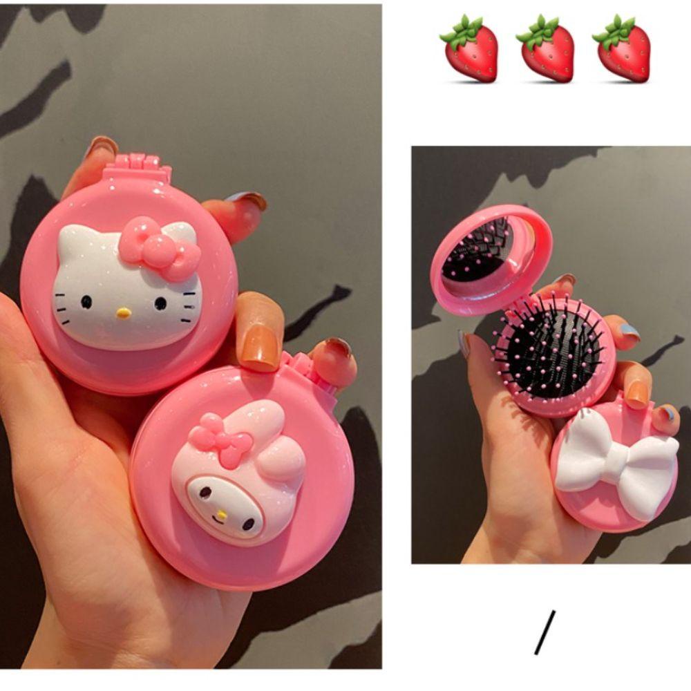 Lược Chải Tóc Đệm Khí Thiết Kế Hình Mèo Hello Kitty Kèm Gương Gấp Gọn Sáng Tạo