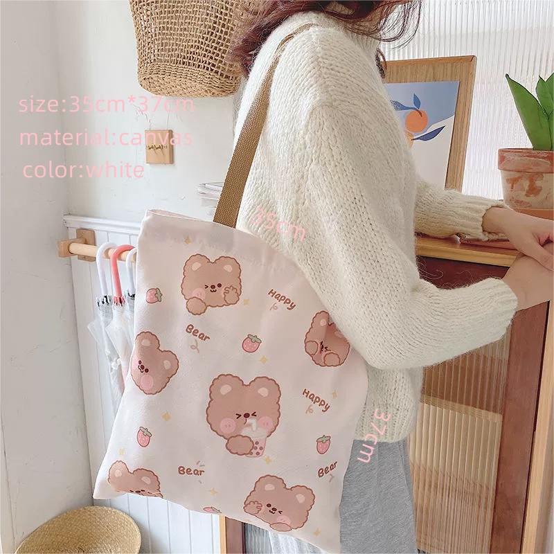 Túi Xách Canvas Cỡ Lớn In Hình Gấu Dễ Thương Phong Cách Hàn Quốc