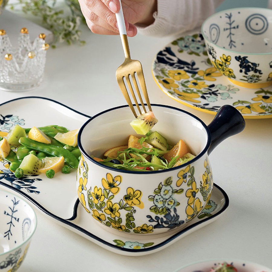 Set bát đĩa ăn sáng Hoa Mai Vàng gồm thố sứ có tay cầm ăn mì và đĩa chữ nhật 2 ngăn