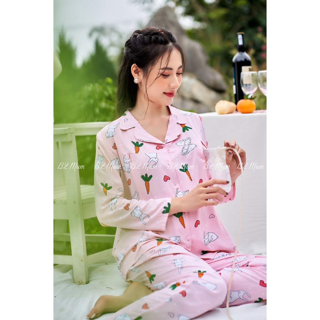 Bộ bầu dài tay kết hợp mặc sau sinh kiểu Pijama chất Lanh mềm mát thoải mái B205B B2 MUM