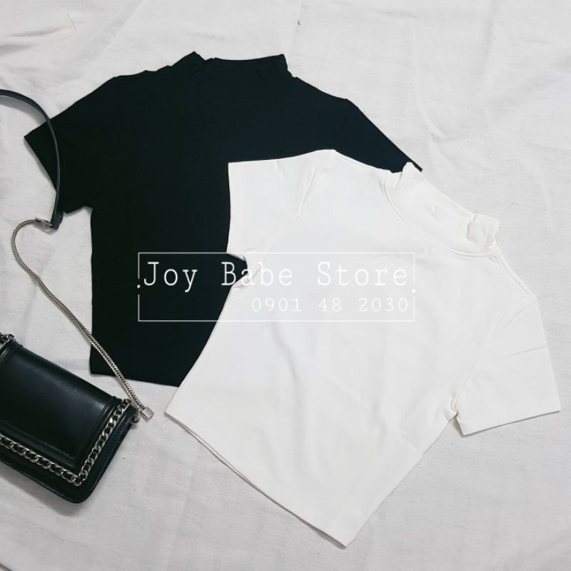 Áo thun croptop cổ lọ tay ngắn Forever 21sớ vải xịn co giãn 4 chiều trơn basic CRON 3 -4F