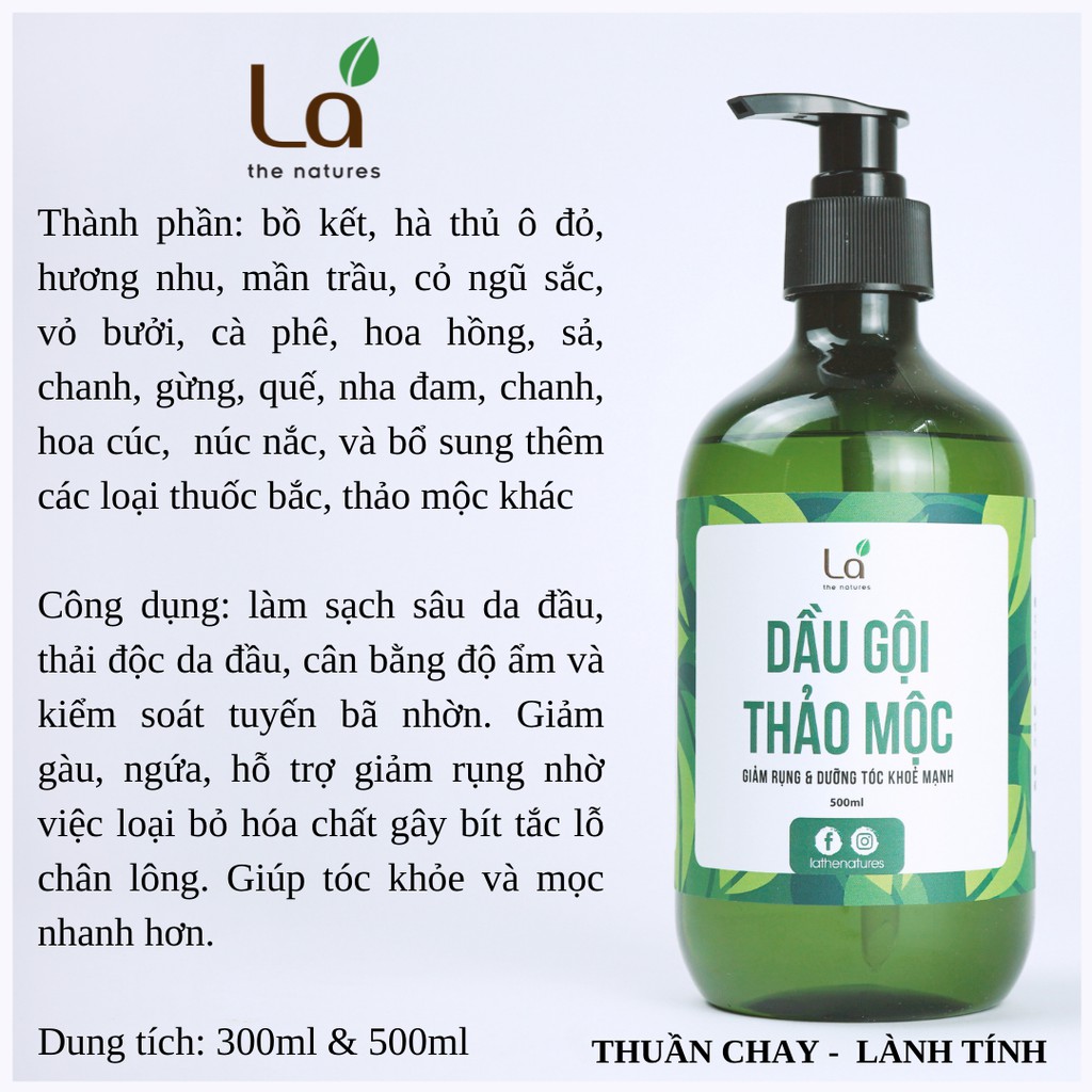 Dầu gội thảo dược, Dầu gội bồ kết bưởi thiên nhiên sạch gàu, giảm rụng, nấm, ngứa da đầu hiệu quả - LÁ THE NATURES