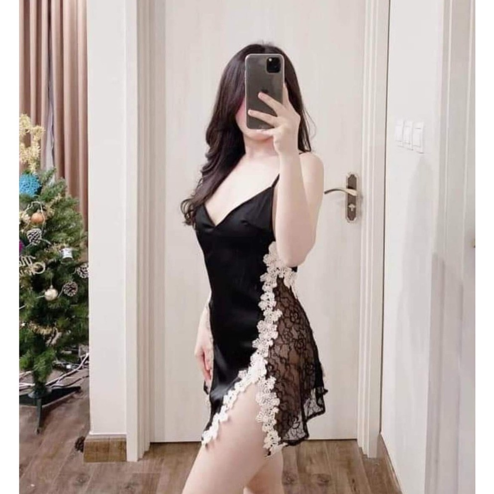 ( Ảnh thật )Váy ngủ/ Đầm ngủ 2 dây xẻ đùi viền hoa cao cấp PX01