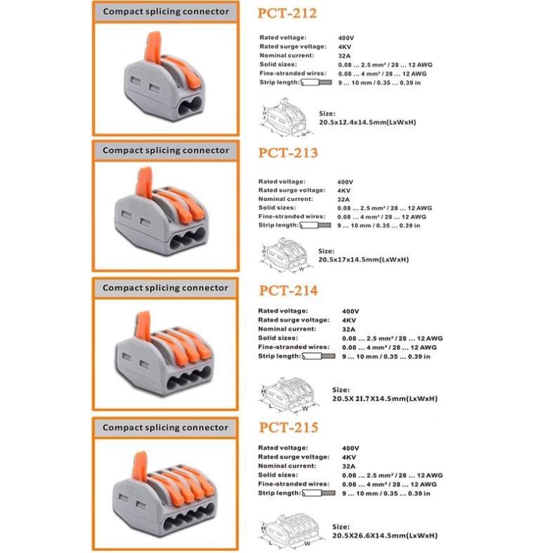 Cút nối dây điện nhanh PCT-213, chịu tải 32A Cút gộp dây điện 3, 4 , 5 sợi PCT-212 PCT-214 Chất lượng cao