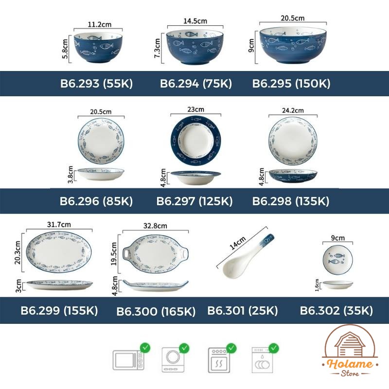 Bát đĩa sứ đẹp họa tiết cá xanh đáng yêu , bát đĩa lẻ Holame