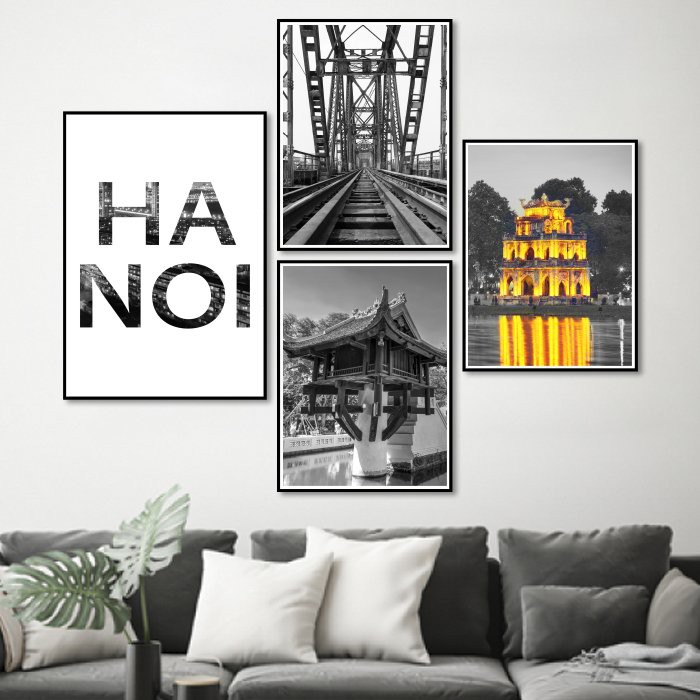 [HCM] Tranh treo tường canvas Hà Nội trắng đen decor trang trí phòng khách và phòng ngủ có khung cao cấp tặng đinh 3 châ