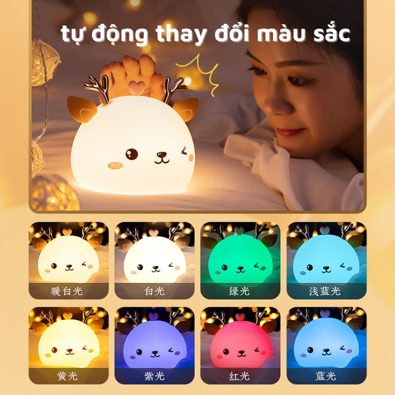 Đèn ngủ tuần lộc siêu dễ thương ánh sáng nhẹ dịu giúp ngủ ngon chất liệu silicone thân thiện