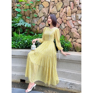 COLUS - Váy hoa nhí tay dài thắt nơ sau dáng maxi