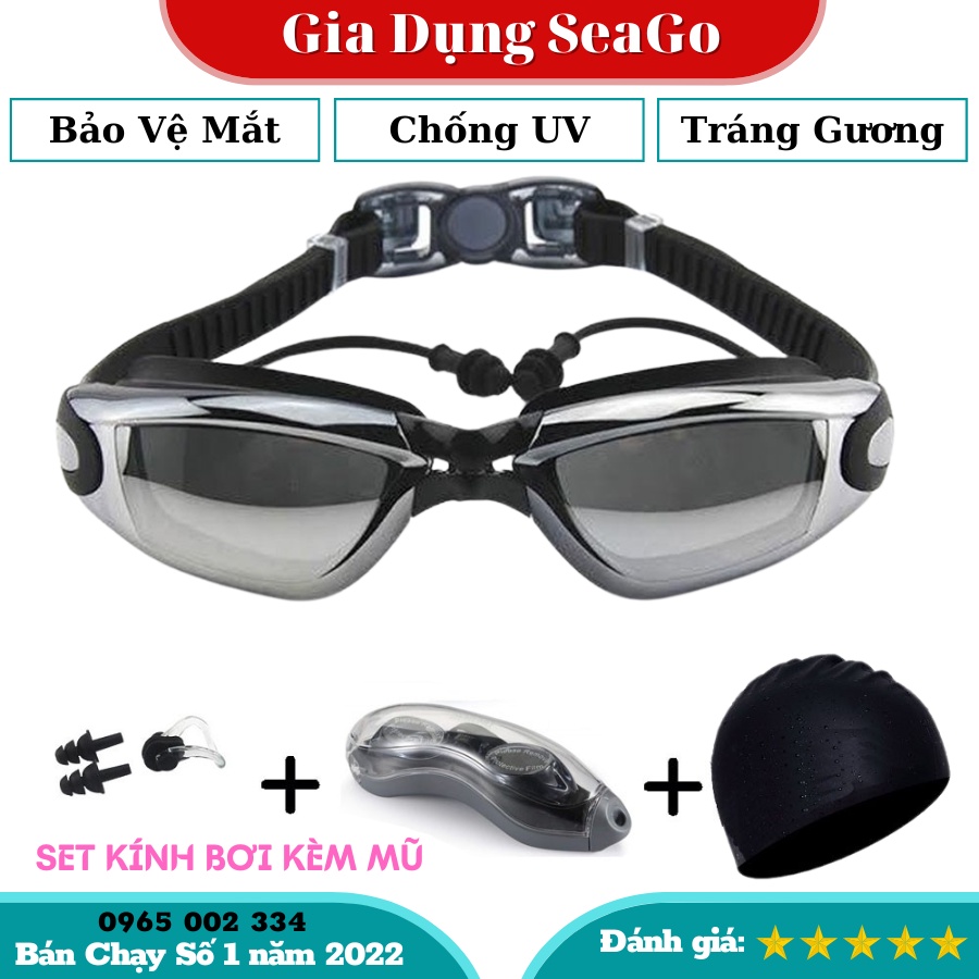 Sét Mũ Kèm Kính Bơi, Combo Kính Bơi Mũ Bơi, Kính Bơi UV Kèm Mũ Bơi Và 2 Nút Bịt Tai, Thiết Kế Thông Minh