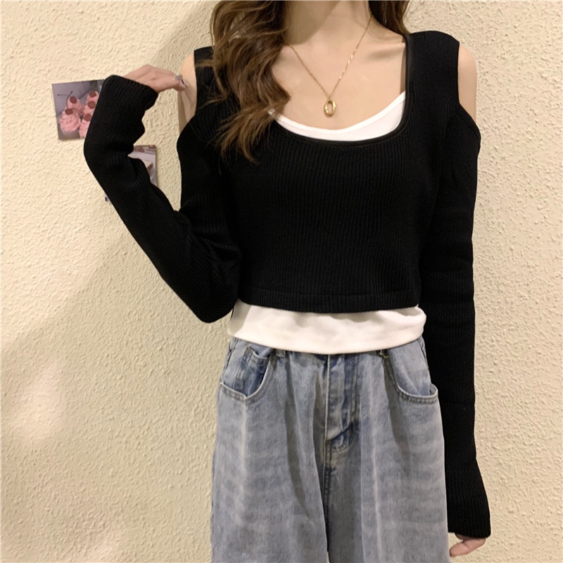 Áo dệt kim ZHELIHANGFEI tay dài trễ vai giả hai lớp phong cách thời trang cá tính cho nữ