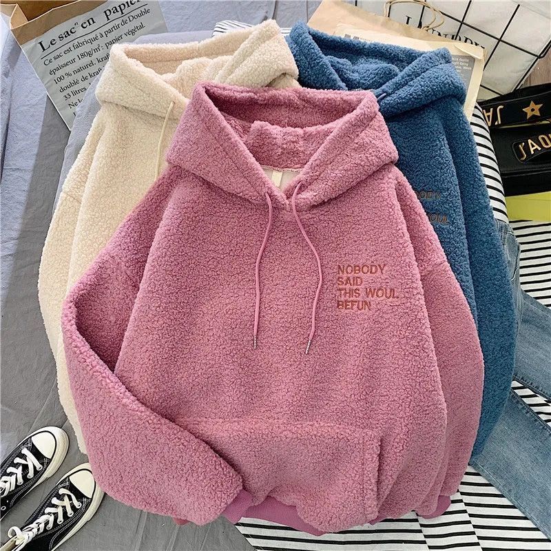 Áo Hoodie Lót Lông Cừu Dày Dặn Dễ Thương Ngọt Ngào Cho Nữ