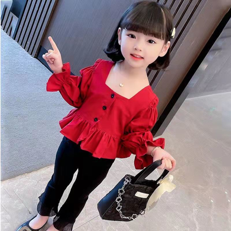 Set Áo Sơ Mi Và Quần Ống Loe Phong Cách Hàn Quốc Thời Trang Mùa Xuân Mới Cho Bé Gái