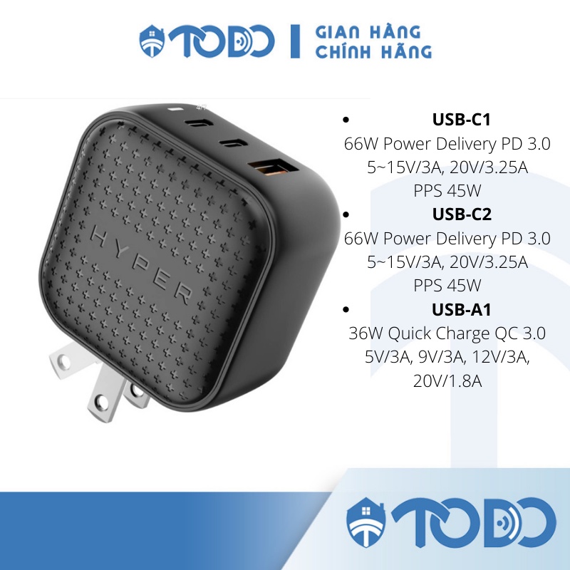 Sạc nhanh điện thoại 65W 3 cổng HJ265 đen - 2USB-C 65W PD3.0 và 1USB-A3.0 36W QC3.0 Chính hãng BH 24 tháng