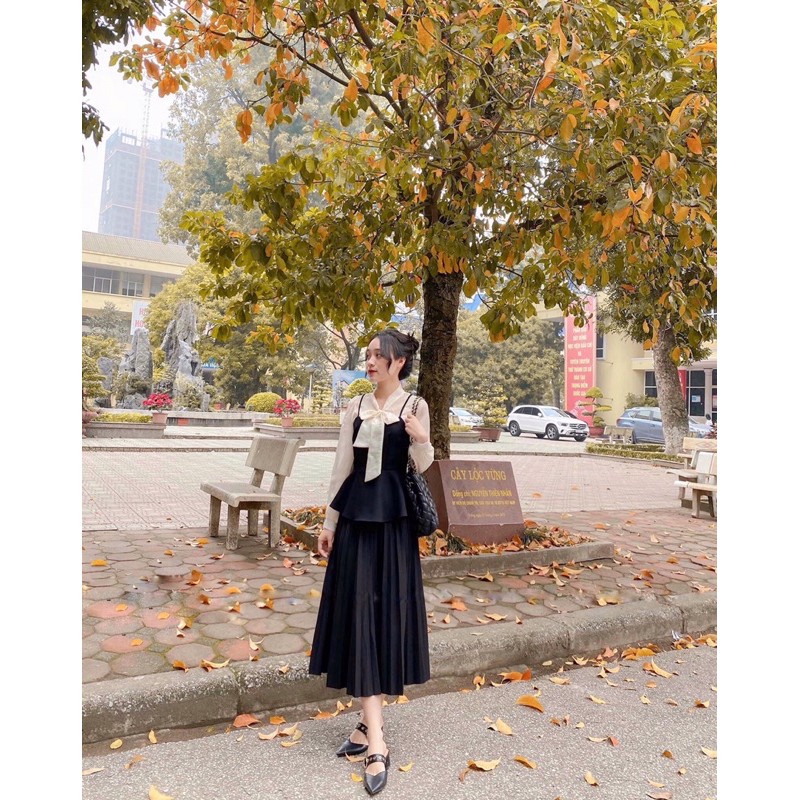 SÉT ÁO NƯ YẾM MIX CHÂN VÁY XẾP LY DÀI