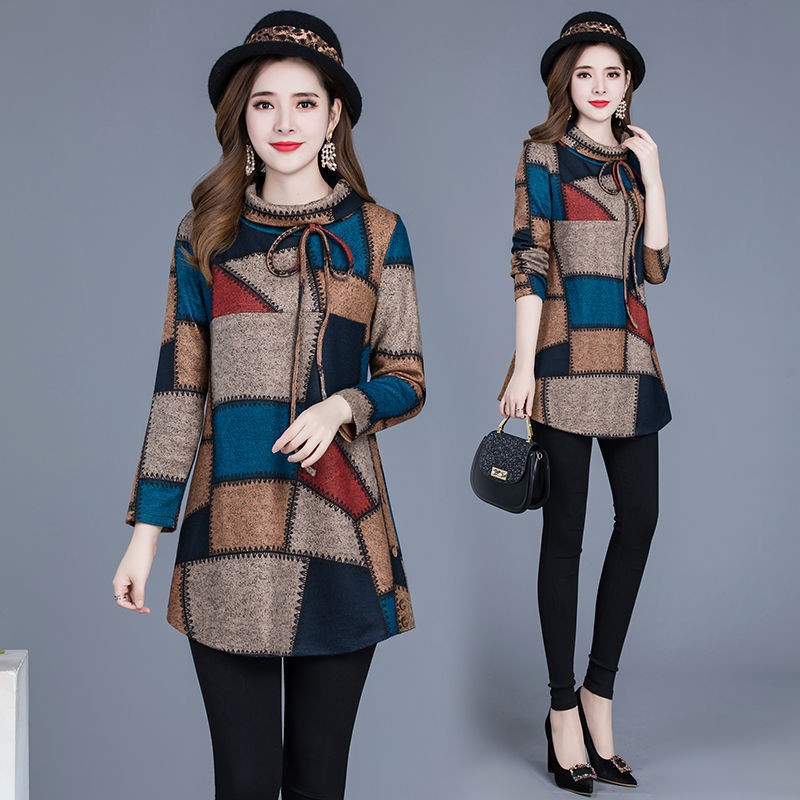 Áo nhung cổ cao họa tiết sọc caro cỡ lớn thời trang thu đông sành điệu cho nữ
