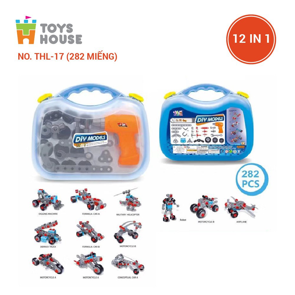 Đồ chơi phát triển kỹ năng cho bé DIY MODEL, lắp ghép mô hình 12 phương tiện giao thông 282 chi tiết Toyshouse TLH-17