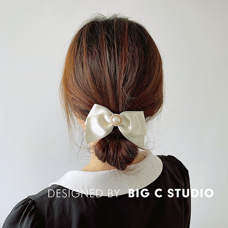 Kẹp tóc nơ nhỏ màu trắng kem đính đá thanh lịch N45