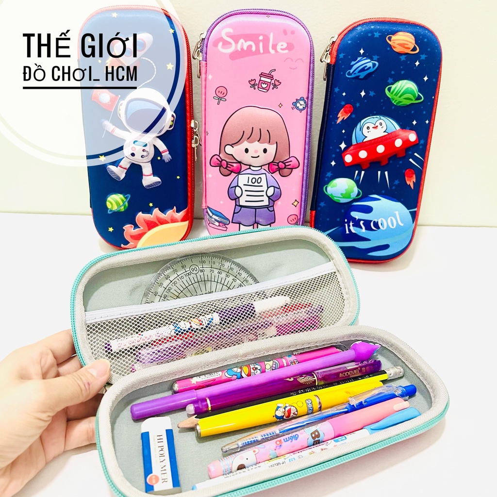 [HOT-CHẤT LƯỢNG] Bóp Viết, Hộp Bút 3D hình Nổi Cao Cấp Hình Siêu Nhân, Phi Thuyền, Thỏ Hồng, Pony, Chống Sốc Cho Bé