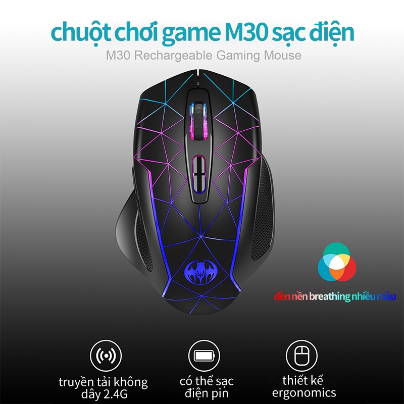 Chuột không dây cổng USB 2. 4G có thể sạc điện đèn 7 màu làm việc giải trí chơi game, thích hợp máy tính laptop