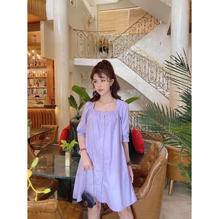 ĐẦM SUÔNG TÍM CỔ VUÔNG NÚT