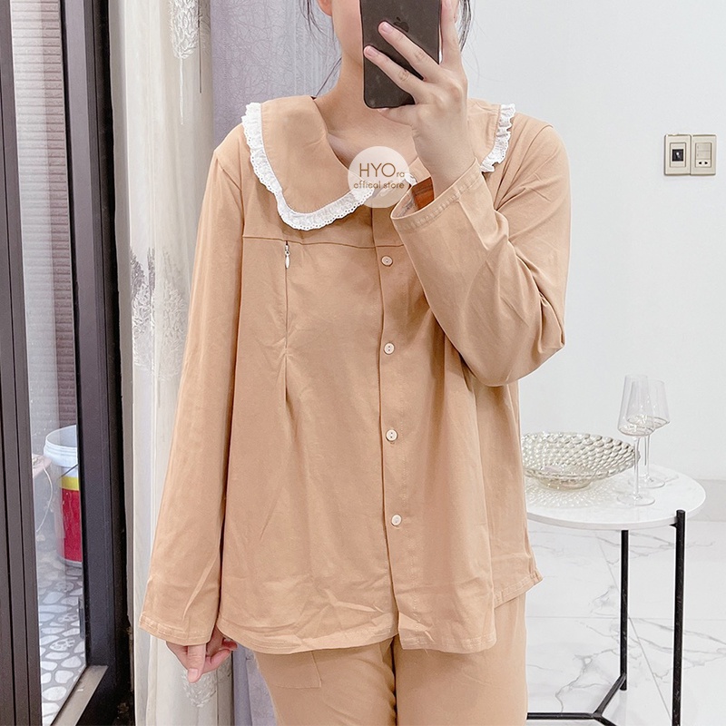 Bộ bầu sau sinh ren cổ mặc nhà Thu Đông có khóa giọt lệ cao cấp