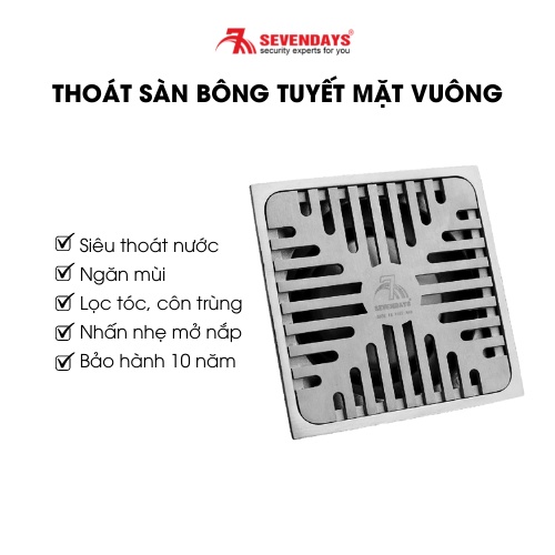 [BẢO HÀNH 10 NĂM] Phễu Thoát Sàn Siêu Thoát Nước Ngăn Mùi SEVENDAYS Bông Tuyết Mặt Vuông Inox Cao Cấp Mã SAV-10UM-01X