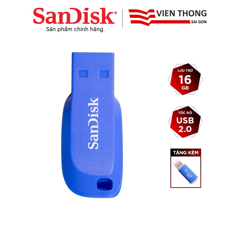 USB 2.0 SanDisk CZ50C 16GB Cruze Blade (Blue) tặng đầu đọc thẻ nhớ