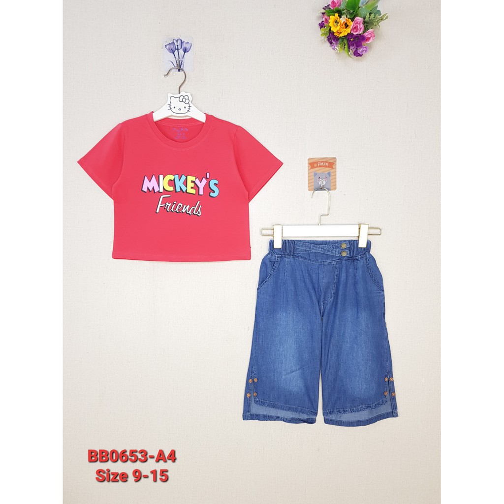 BB0653-A3 - Bộ bé gái cotton quần jean xẻ lai , in Mickeys , màu trắng  , size nhỡ 9t-15t