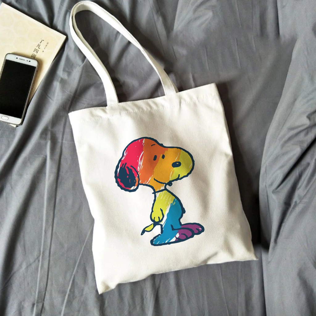 [Mã FAMAYWA giảm 10K đơn 50K] Túi Tote Vải Bố Canvas Hình Snoopy Có Khóa Dây Kéo Miệng Túi