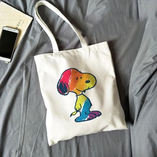 Túi Tote Vải Bố Canvas Hình Snoopy Có Khóa Dây Kéo Miệng Túi