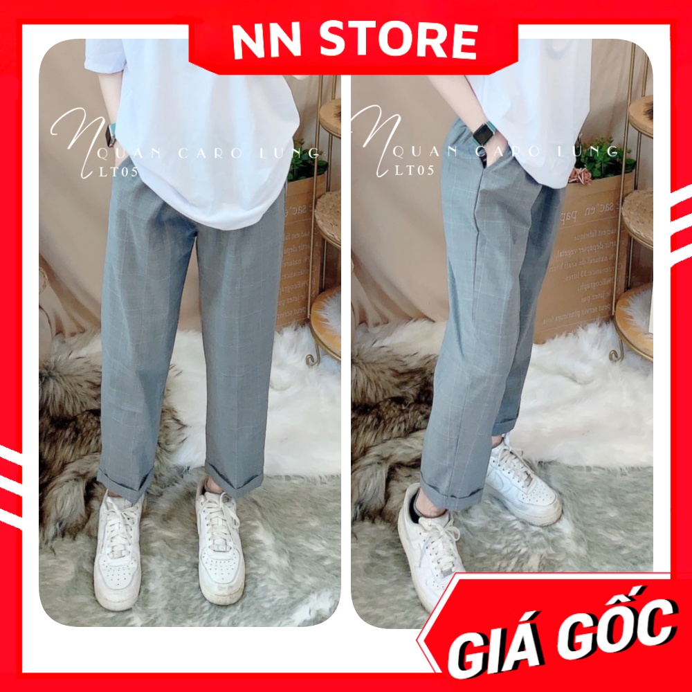 Quần tây nữ 9 tấc ống đứng lưng thun vải mềm phối sọc kẻ caro dễ thương LT05