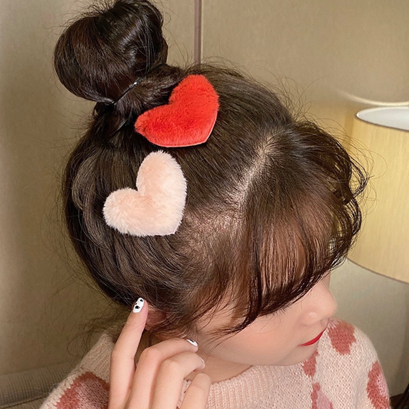 Kẹp tóc hình trái tim màu trơn phối lông giả mềm mại phong cách Hàn Quốc dễ thương cho bạn nữ