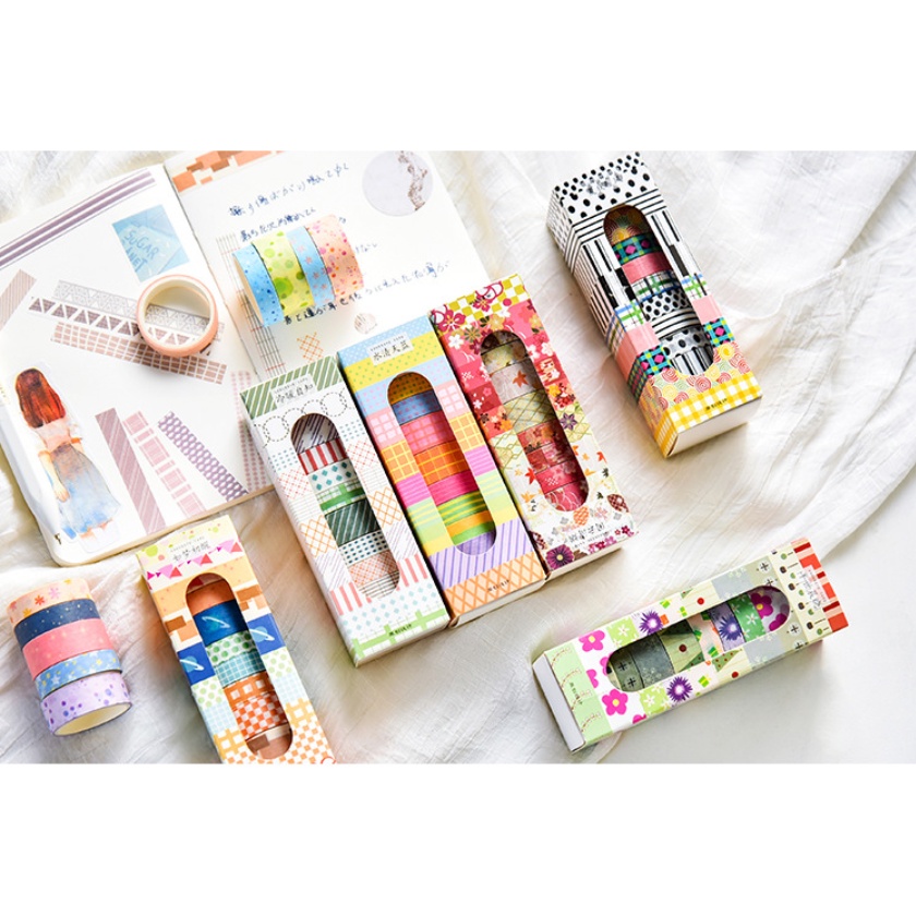 Washi tape hộp 10 cuộn băng dính họa tiết màu cơ bản  trang trí sổ tay butllet journal, album