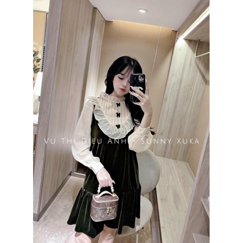 Váy đen pha tay trắng viền bèo