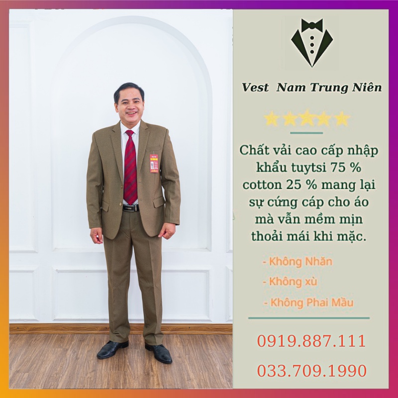 Bộ Vest Nam Trung Niên Cao Cấp Chất Vải Tuýt Si 2 Sợi Dầy Mềm Mịn Nhập Khẩu, Com Lê Trung Niên Thương Hiệu Hồng Ngọc