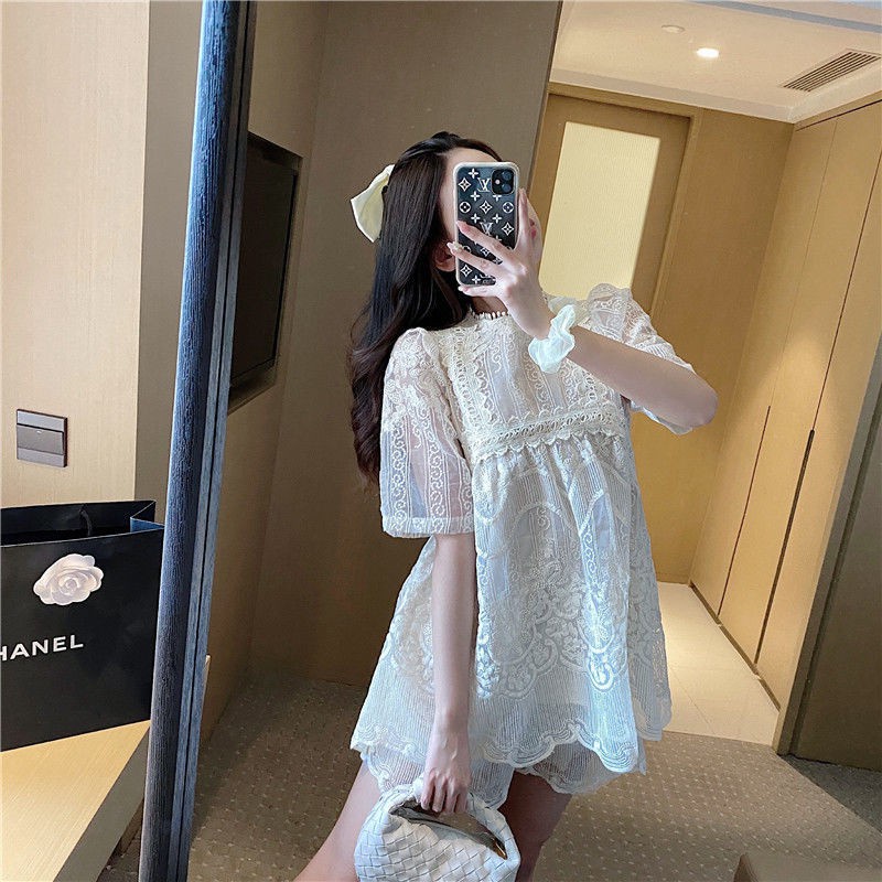 Set áo và quần ngắn phối ren phong cách retro Pháp có size lớn thời trang cho nữ