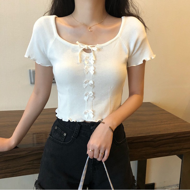 Áo croptop cổ vuông tay ngắn dây buộc điều chỉnh cổ áo chất liệu dệt kim cao cấp -ACN19