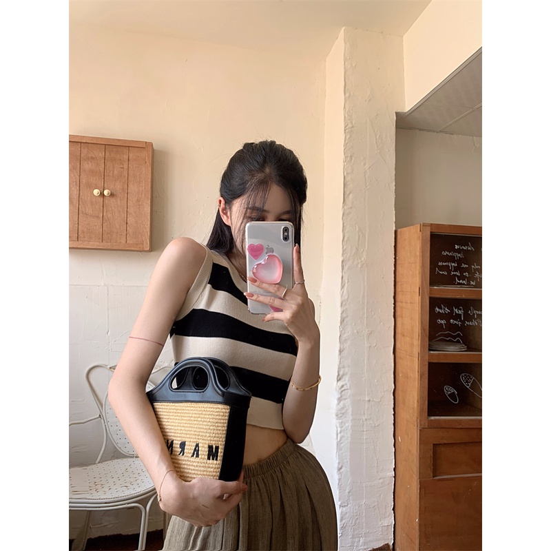 Áo Dệt Kim Sát Nách Dáng Ôm Cổ Tròn Kẻ Sọc Thời Trang Cho Nữ