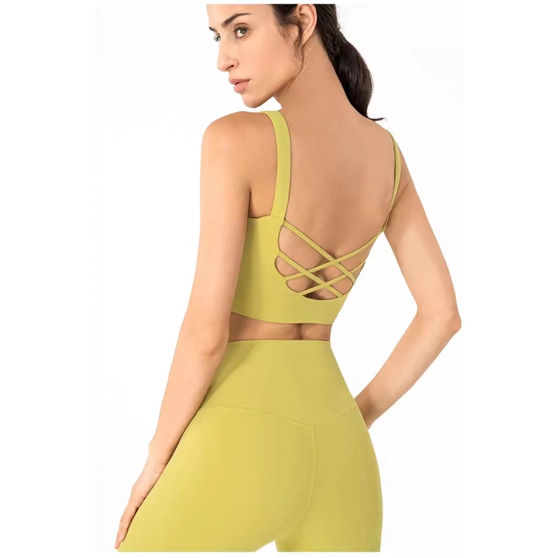 Set áo lót cổ chữ u đan dây lưng + quần legging thể thao lưng cao cho nữ