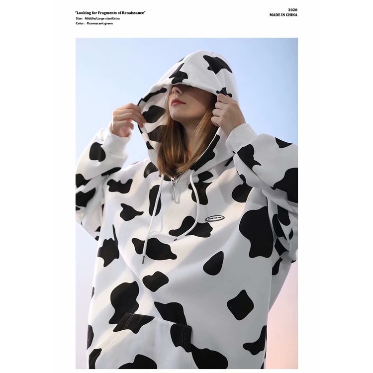 Áo Hoodie Thể Thao Dáng Rộng In Hình Bò Sữa Màu Trắng Đen Cá Tính Cho Cặp Đôi