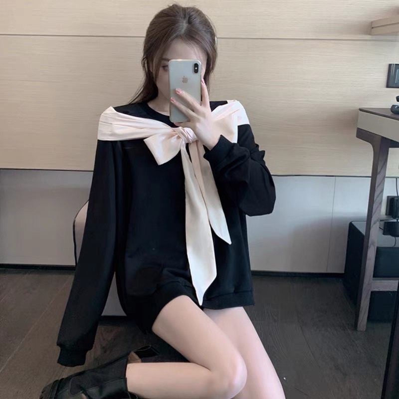 Áo len cổ tròn của phụ nữ  mùa xuân và mùa thu mới có thiết kế nơ dài  áo sơ mi dài tay