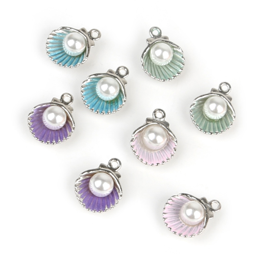 Set 10 mặt dây hình vỏ sò gắn ngọc trai giả làm khuyên tai/vòng cổ thủ công DIY