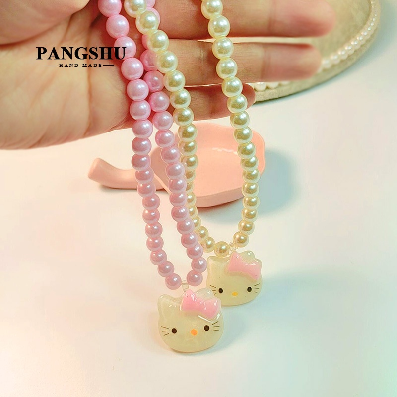 Mới Set 3 Vòng cổ Mặt Hello Kitty Đính Ngọc Trai Cho Bé Gái